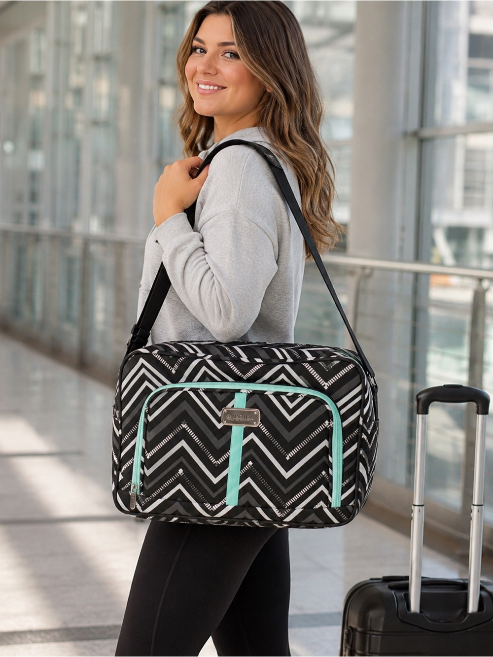 Magellan Outdoors Black & White Chevron Travel Crossbody with Mint Trim